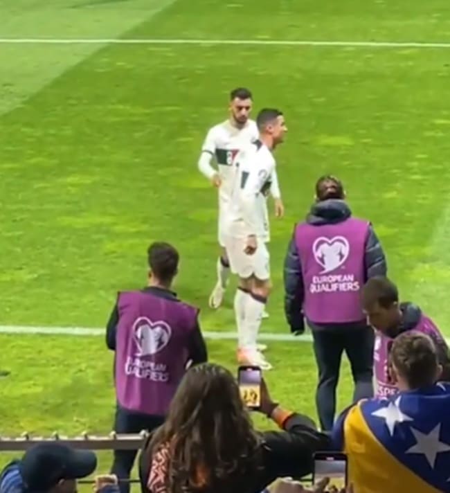 Shocking moment furious Cristiano Ronaldo is hurt by pitch invader trying to take selfie during Portugal clash - Bóng Đá