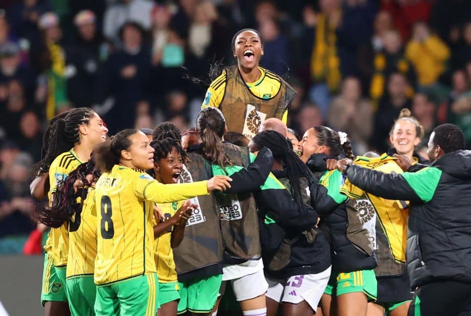 Jamaican players celebrate after Allyson Swaby scored against Panama.