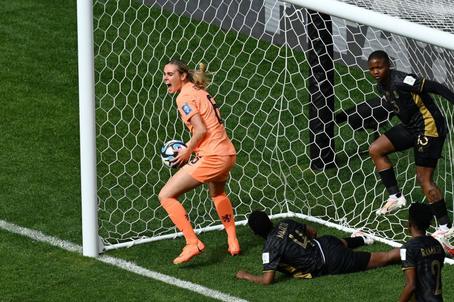 The Netherlands' Jill Roord celebrates after scoring the first goal in her team's 2-0 victory over South Africa on August 6. With the victory, the Dutch advanced to the quarterfinals.