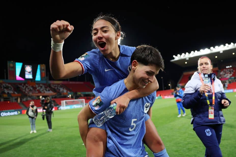 France's Selma Bacha, left, and Élisa De Almeida celebrate after a<a href=